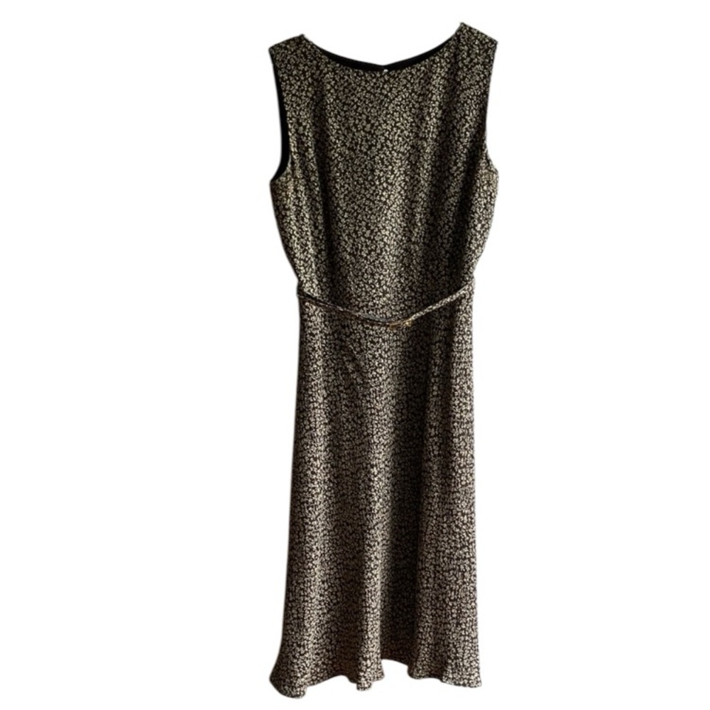 Loft Sleeveless Midi Dress Size 4P Brown and White Printed Belted Office Preppy